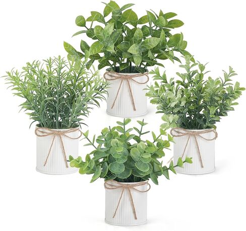 Mkono 4 Packs Small Fake Plants in Farmhouse Galvanized Pots Table Centerpiece Mini Potted Artificial Plants Faux Eucalyptus for Shelf Office Rustic Home Decor in Saudi Arabia