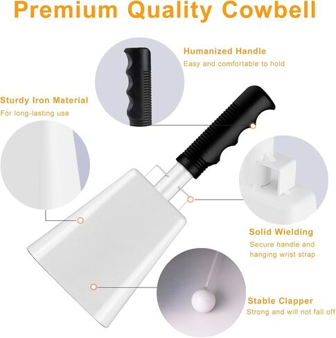 cyrico Cow Bell, 2 Pack Cheering Cowbells for Sporting Events, 10 Inch Large Cow Bells Noise Makers, Solid White Steel Hand Bell Chimes Alarm for Football Games, School, Percussion Musical Instruments in Kuwait