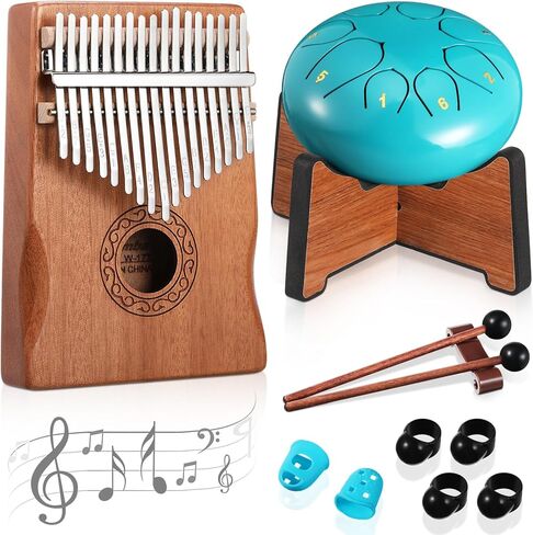 Rain Drum for Outside Garden Thumb Piano Kalimba Musical Instruments Set 8 Notes 6 Inches Steel Tongue Drum 17 Keys Finger Piano for Adult Beginners Gift for Christmas(Moss-flower Blue) in Saudi Arabia