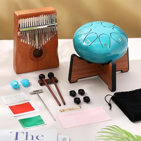 Rain Drum for Outside Garden Thumb Piano Kalimba Musical Instruments Set 8 Notes 6 Inches Steel Tongue Drum 17 Keys Finger Piano for Adult Beginners Gift for Christmas(Moss-flower Blue) in Saudi Arabia