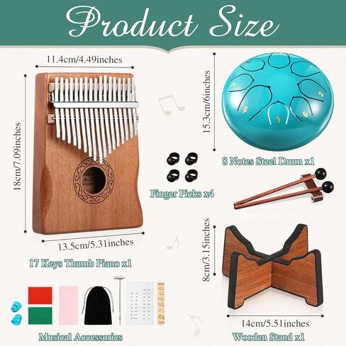 Rain Drum for Outside Garden Thumb Piano Kalimba Musical Instruments Set 8 Notes 6 Inches Steel Tongue Drum 17 Keys Finger Piano for Adult Beginners Gift for Christmas(Moss-flower Blue) in Saudi Arabia