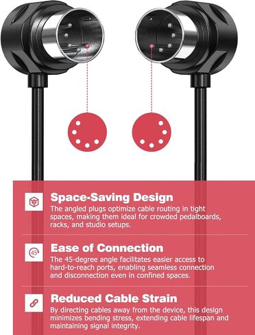 MIDI Cable, 5-Pack 2FT 5-pin DIN 45-Degree Mirrored Angled Plug Ultra-Thin Plugs for Compact Spaces Compatible with Keyboards, Synthesizers, Controllers, via Standard 5-pin DIN MIDI in/Out/Thru Ports in Saudi Arabia