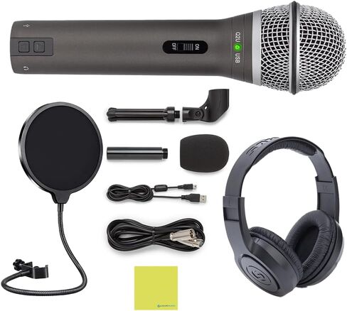 Samson Q2U USB/XLR Dynamic Microphone Bundle with Over Ear Samson Stereo Headphones SR350, Pop Filter, Desktop Tripod, Mic Clip a Windscreen, USB Cable, XLR Cable & Polishing Cloth in Kuwait