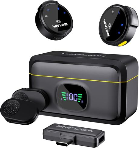 WAVLINK Wireless Lavalier Microphone for iPhone 15 Android Vlog, Clip on Lapel Dual Mic System & USB-C Input & Battery Case for YouTube Facebook Live, Video Recording(2*TX+1*RX) in Saudi Arabia