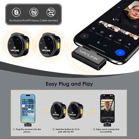 WAVLINK Wireless Lavalier Microphone for iPhone 15 Android Vlog, Clip on Lapel Dual Mic System & USB-C Input & Battery Case for YouTube Facebook Live, Video Recording(2*TX+1*RX) in Saudi Arabia
