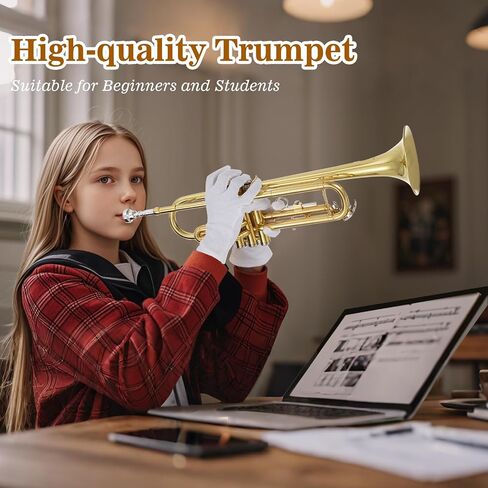 Bb Trumpet - طقم بوق Bb ممتاز للمبتدئين والطلاب، آلة موسيقية نحاسية مع حقيبة متينة، مجموعة تنظيف كاملة، قطعة فم وقفازات 7C، موديل ETK-740، ذهبي لامع in Saudi Arabia