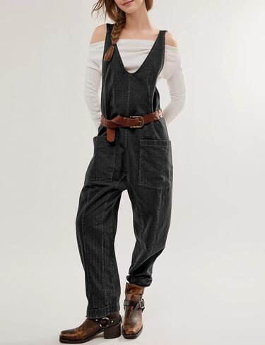 Dressy High Roller Denim Jumpsuit for Women Casual Sleeveless Loose Fit Overalls Jeans Pants Jumpers with Pockets(LightBlue-S) in Saudi Arabia