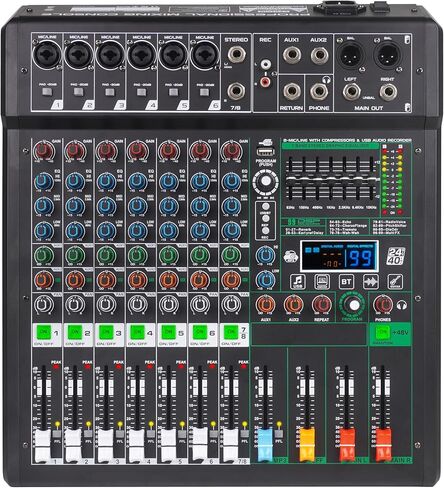 جهاز مزج الصوت ذو 8 قنوات مع 99 مؤثرًا صوتيًا للكمبيوتر الشخصي، وحدة تحكم خلط الصوت المحمولة مع مدخل تسجيل USB بلوتوث للبث المباشر والبودكاست وعرض DJ (8 قنوات) in Kuwait