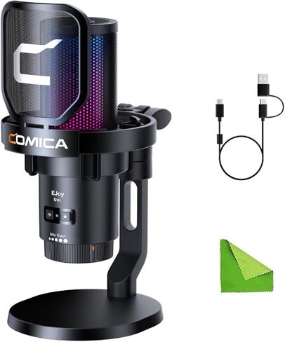 Comica EJoy Uni (D) - ميكروفون أسود للكمبيوتر والهواتف الذكية، ميكروفون ألعاب بمكثف قلبي RGB للبث والبث والتسجيل، مع حامل سطح المكتب in Kuwait