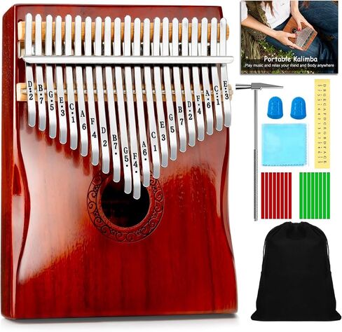 بيانو كاليمبا الإبهام، بيانو YUNDIE المحمول 17 مفتاحًا لإصبع Mbira مع مطرقة اللحن وتعليمات الدراسة، هدية الآلات الموسيقية للمبتدئين البالغين المحترفين (أحمر بني) (17 مفتاحًا) in Kuwait