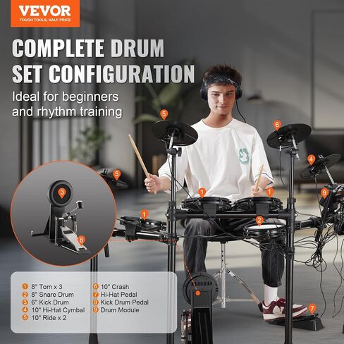 VEVOR Electric Drum Set, 32 Drum Kits & 480 Sounds Electronic Drum Kit, USB MIDI Supported 8 in Quiet Mesh Snare Electric Drum Set with 10 in Cymbals Drum Sticks & Headphone, for Beginners & Adults in Saudi Arabia