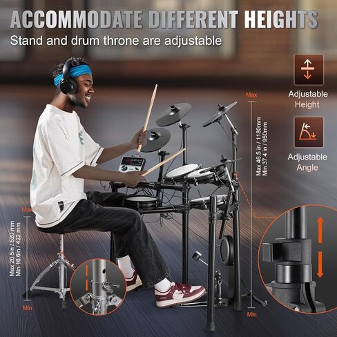 VEVOR Electric Drum Set, 32 Drum Kits & 480 Sounds Electronic Drum Kit, USB MIDI Supported 8 in Quiet Mesh Snare Electric Drum Set with 10 in Cymbals Drum Sticks & Headphone, for Beginners & Adults in Saudi Arabia