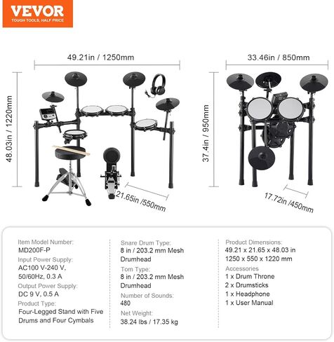VEVOR Electric Drum Set, 32 Drum Kits & 480 Sounds Electronic Drum Kit, USB MIDI Supported 8 in Quiet Mesh Snare Electric Drum Set with 10 in Cymbals Drum Sticks & Headphone, for Beginners & Adults in Saudi Arabia