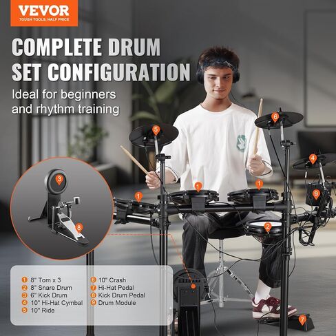 مجموعة طبول كهربائية VEVOR، 32 مجموعة طبول و480 صوتًا طقم طبول إلكتروني، USB MIDI مدعوم 8 بوصات شبكة هادئة مجموعة طبول كهربائية مع 10 عصي طبلة الصنج وسماعات الرأس، للمبتدئين والكبار in Saudi Arabia