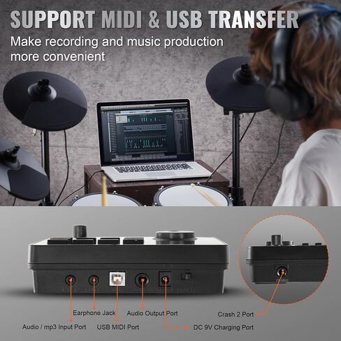 مجموعة طبول كهربائية VEVOR، 32 مجموعة طبول و480 صوتًا طقم طبول إلكتروني، USB MIDI مدعوم 8 بوصات شبكة هادئة مجموعة طبول كهربائية مع 10 عصي طبلة الصنج وسماعات الرأس، للمبتدئين والكبار in Saudi Arabia