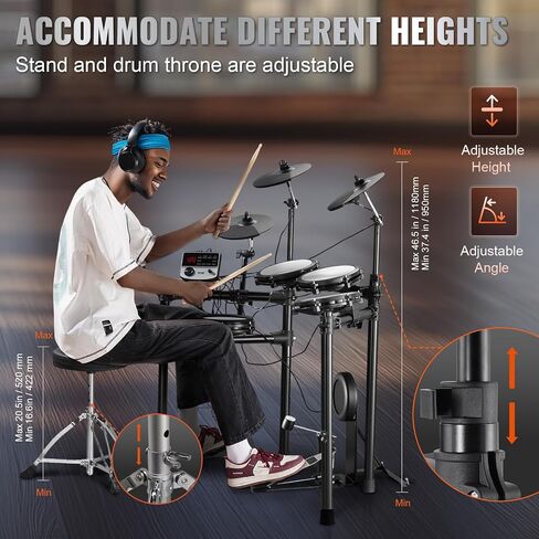 مجموعة طبول كهربائية VEVOR، 32 مجموعة طبول و480 صوتًا طقم طبول إلكتروني، USB MIDI مدعوم 8 بوصات شبكة هادئة مجموعة طبول كهربائية مع 10 عصي طبلة الصنج وسماعات الرأس، للمبتدئين والكبار in Saudi Arabia