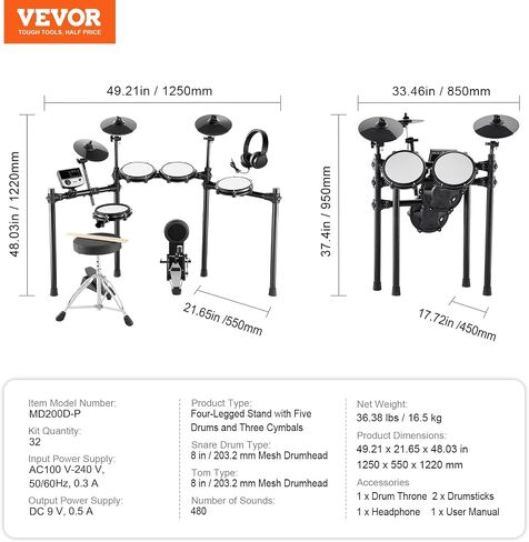 مجموعة طبول كهربائية VEVOR، 32 مجموعة طبول و480 صوتًا طقم طبول إلكتروني، USB MIDI مدعوم 8 بوصات شبكة هادئة مجموعة طبول كهربائية مع 10 عصي طبلة الصنج وسماعات الرأس، للمبتدئين والكبار in Saudi Arabia