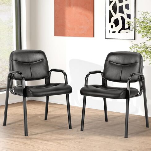 Waiting Room Guest Chair, Office Reception Seat, Conference Furniture with PU Leather Cushion Armrest for Anteroom Restaurant Library Lobby, Set of 2, Black2.0 in Saudi Arabia