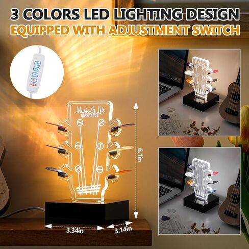 Light up Guitar Pick Holder Acrylic Electric Guitar Headstock Shaped Pick Holder LED 3 Color Guitar Pick Display with Base for Picks Storage Accessories Music Players Guitarists Lovers Gift in Saudi Arabia