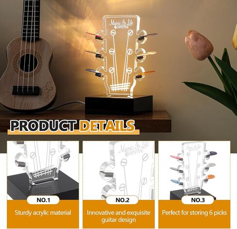 Light up Guitar Pick Holder Acrylic Electric Guitar Headstock Shaped Pick Holder LED 3 Color Guitar Pick Display with Base for Picks Storage Accessories Music Players Guitarists Lovers Gift in Saudi Arabia
