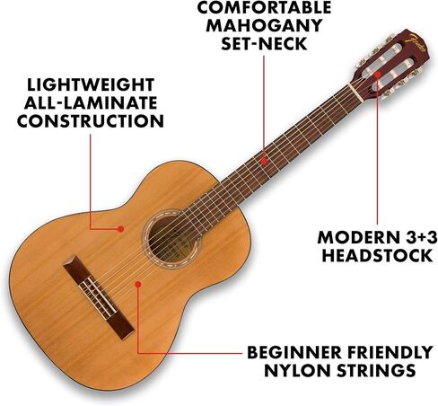 Fender Acoustic Guitar Kit Starter Pack Classical Guitar, Small Beginner Guitar (3/4 Size) with Nylon Strings (Easier on Fingers), Includes Guitar Bag, Guitar Strap, and More in Saudi Arabia