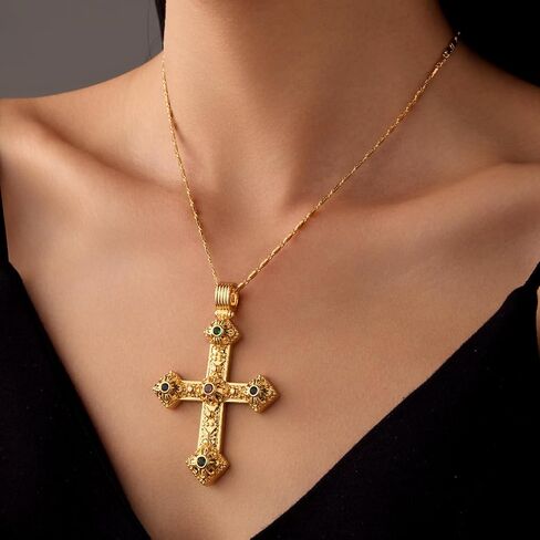 Elegant Gold Cross Necklace with Detailed Filigree Design - Lightweight Religious Jewelry with a Classic Touch - adjustable 66cm Chain in Kuwait