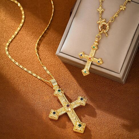 Elegant Gold Cross Necklace with Detailed Filigree Design - Lightweight Religious Jewelry with a Classic Touch - adjustable 66cm Chain in Kuwait