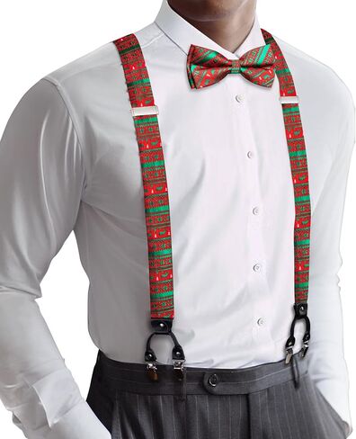 YOHOWA Mens Christmas Suspenders Set Adjustable Y Braces Pre-Tied Bow Tie Pocket Square Cufflinks Xmas Party Vacation Holiday in Kuwait