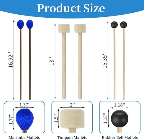 3 Pairs Blue Hard Yarn Head Keyboard Marimba Mallets, Black Rubber Bell Mallets, Felt Head Timpani Mallets, Bass Drum Stick Glockenspiel Sticks Xylophone Mallets for Percussion Instrument in Saudi Arabia