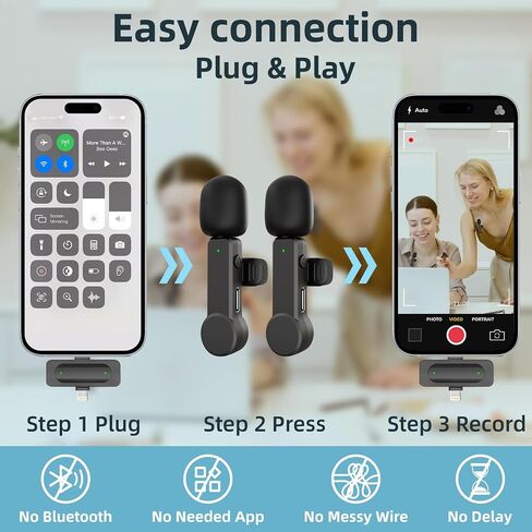 ميكروفون Lavalier Mini لاسلكي لأجهزة iPhone Android iPad - ميكروفون هاتف بخاصية إلغاء الضوضاء مع قابس USB C/Lightning، ميكروفون Lav Lapel اللاسلكي لتسجيل الفيديو وتدفق المدونات in Saudi Arabia