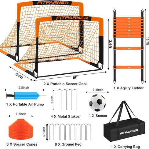 Soccer Goals for Backyard Set - 2 Set of 5X3.6 ft Portable Pop Up Soccer Nets - Indoor or Outdoor Folding Soccer Training Equipment with 20 ft Agility Ladder, Soccer - Great for Kids and Adults Games in Saudi Arabia