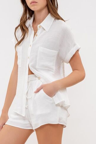 August Sky Women's Button Down Shirts - Folded Short Sleeve Lightweight Top with Chest Pockets in Saudi Arabia
