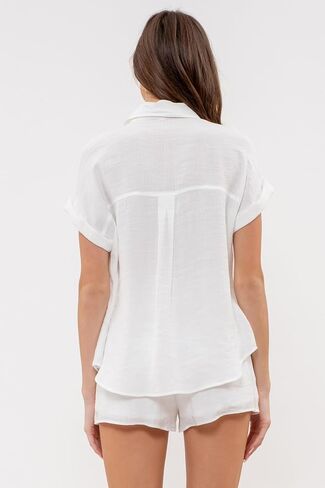 August Sky Women's Button Down Shirts - Folded Short Sleeve Lightweight Top with Chest Pockets in Saudi Arabia