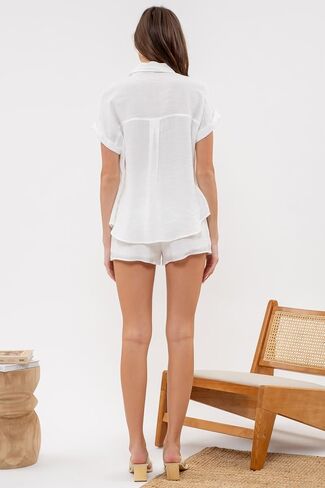 August Sky Women's Button Down Shirts - Folded Short Sleeve Lightweight Top with Chest Pockets in Saudi Arabia