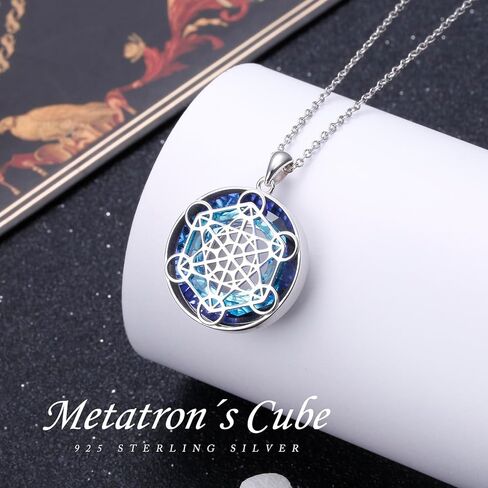 Alphm Metatron Cube Necklace 925 Sterling Sliver Sacred Geometry Seals of Archangel Angel Pendant with Austrian Crystal Sacred Geometry Jewelry Gift for Women Men in Kuwait
