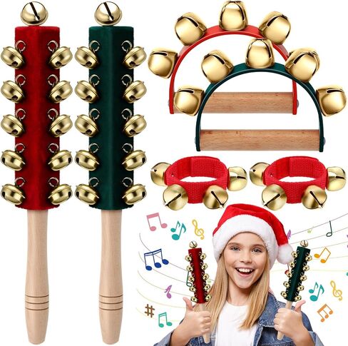 Boao 6 Pcs Christmas Hand Jingle Bells Wooden Handle Sleigh Bells Wrist Band Bells Sleigh Bells Instrument Shaker Rattle Musical Percussion for Xmas Party Favors(Red and Green) in Saudi Arabia