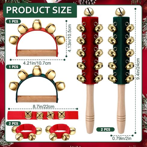 Boao 6 Pcs Christmas Hand Jingle Bells Wooden Handle Sleigh Bells Wrist Band Bells Sleigh Bells Instrument Shaker Rattle Musical Percussion for Xmas Party Favors(Red and Green) in Saudi Arabia
