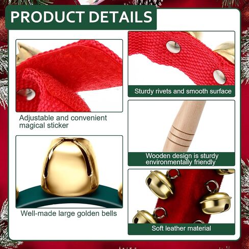 Boao 6 Pcs Christmas Hand Jingle Bells Wooden Handle Sleigh Bells Wrist Band Bells Sleigh Bells Instrument Shaker Rattle Musical Percussion for Xmas Party Favors(Red and Green) in Saudi Arabia