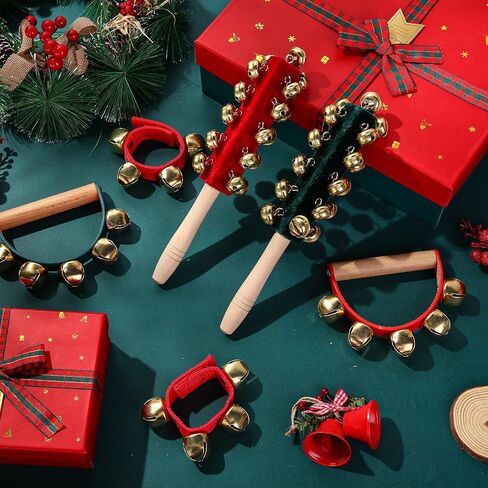 Boao 6 Pcs Christmas Hand Jingle Bells Wooden Handle Sleigh Bells Wrist Band Bells Sleigh Bells Instrument Shaker Rattle Musical Percussion for Xmas Party Favors(Red and Green) in Saudi Arabia