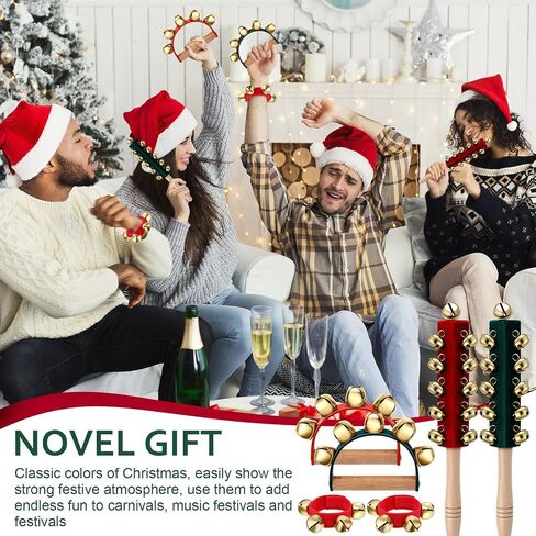 Boao 6 Pcs Christmas Hand Jingle Bells Wooden Handle Sleigh Bells Wrist Band Bells Sleigh Bells Instrument Shaker Rattle Musical Percussion for Xmas Party Favors(Red and Green) in Saudi Arabia