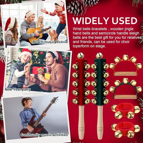 Boao 6 Pcs Christmas Hand Jingle Bells Wooden Handle Sleigh Bells Wrist Band Bells Sleigh Bells Instrument Shaker Rattle Musical Percussion for Xmas Party Favors(Red and Green) in Saudi Arabia