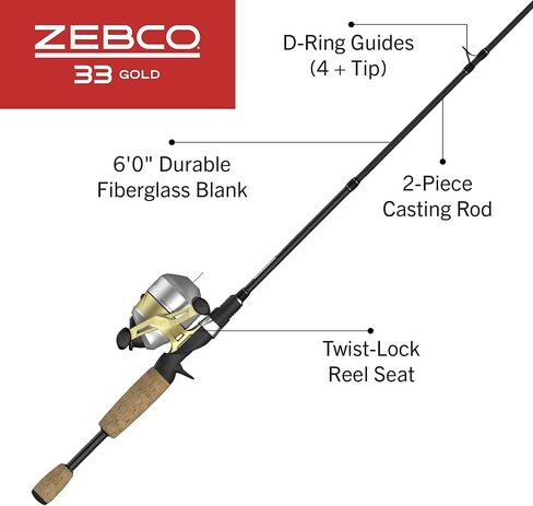 Zebco 33 Gold Spincast Reel and 2-Piece Fishing Rod Combo, Fiberglass Rod with Comfortable Split-Grip Cork Handle, Instant Anti-Reverse Fishing Reel in Kuwait