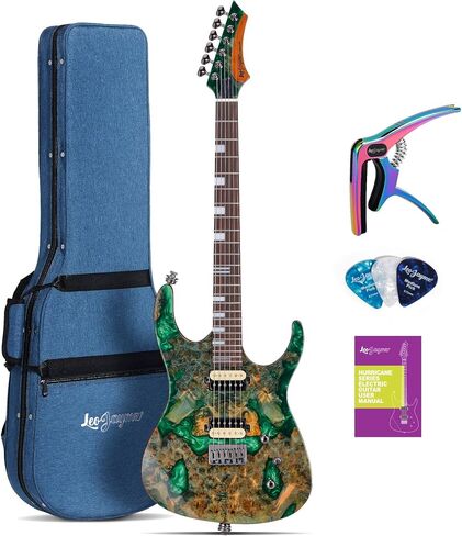 Leo Jaymz Electric Guitar Hurricane Deluxe Series, Burl Top, Mahogany Body, Roasted Maple Neck, Rosewood Fretboard, Locking Tuners, Rounded Frets, Case and Capo (Green Deluxe) in Kuwait