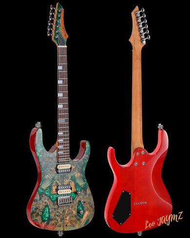 Leo Jaymz Electric Guitar Hurricane Deluxe Series, Burl Top, Mahogany Body, Roasted Maple Neck, Rosewood Fretboard, Locking Tuners, Rounded Frets, Case and Capo (Green Deluxe) in Kuwait