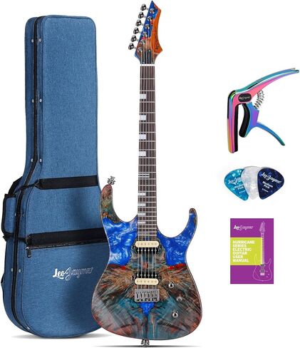 سلسلة إعصار جيتار كهربائي من ليو جايمز، قمة العقدة، جسم الماهوجني، رقبة خشب القيقب المحمص، لوح فريتس من خشب الورد، موالفات القفل، فريتس مستديرة، حافظة وكابو (أخضر ديلوكس) in Kuwait