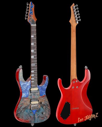 سلسلة إعصار جيتار كهربائي من ليو جايمز، قمة العقدة، جسم الماهوجني، رقبة خشب القيقب المحمص، لوح فريتس من خشب الورد، موالفات القفل، فريتس مستديرة، حافظة وكابو (أخضر ديلوكس) in Kuwait