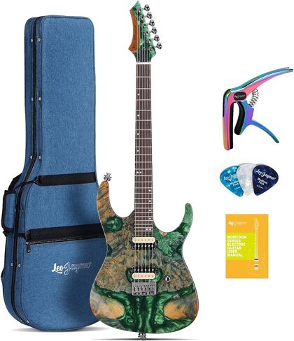 Leo Jaymz Electric Guitar Monsoon Deluxe Series, Reverse Headstock, Burl Top, Mahogany Body, Roasted Maple Neck, Rosewood Fretboard, Case and Capo (Green Colorful Deluxe) in Kuwait