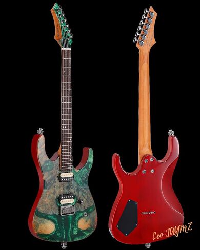Leo Jaymz Electric Guitar Monsoon Deluxe Series, Reverse Headstock, Burl Top, Mahogany Body, Roasted Maple Neck, Rosewood Fretboard, Case and Capo (Green Colorful Deluxe) in Kuwait
