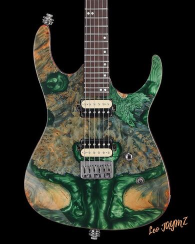 Leo Jaymz Electric Guitar Monsoon Deluxe Series, Reverse Headstock, Burl Top, Mahogany Body, Roasted Maple Neck, Rosewood Fretboard, Case and Capo (Green Colorful Deluxe) in Kuwait