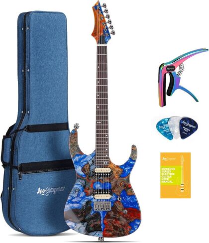 Leo Jaymz Electric Guitar Monsoon Deluxe Series, Reverse Headstock, Burl Top, Mahogany Body, Roasted Maple Neck, Rosewood Fretboard, Case and Capo (Green Colorful Deluxe) in Kuwait